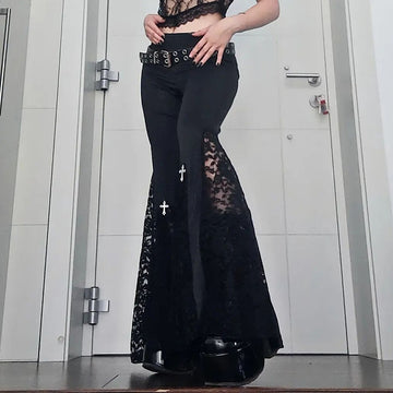 Goth Mall Flare Pants Sexy Black Lace Patchwork High Waist Vintage