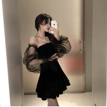 New 2022 Black Retro Dress Women Lace Chiffon Mini Dress Female High