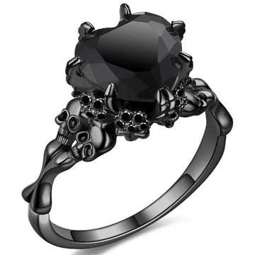 Skull Gothic Black Ring Heart-shape Red Crystal Vampire Double Skull