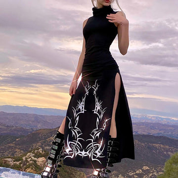 Sexy Women's High Split Dress Gothic Style Sleeveless Long Dress
