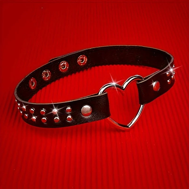 Y2K Punk Gothic Heart Stud PU Leather Choker Necklace for Women - Sexy