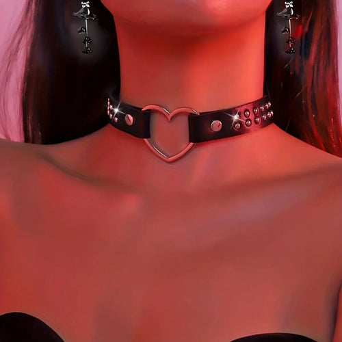 Y2K Punk Gothic Heart Stud PU Leather Choker Necklace for Women - Sexy