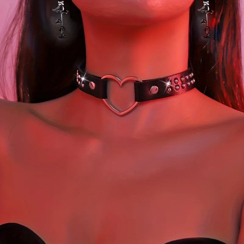 Y2K Punk Gothic Heart Stud PU Leather Choker Necklace for Women - Sexy