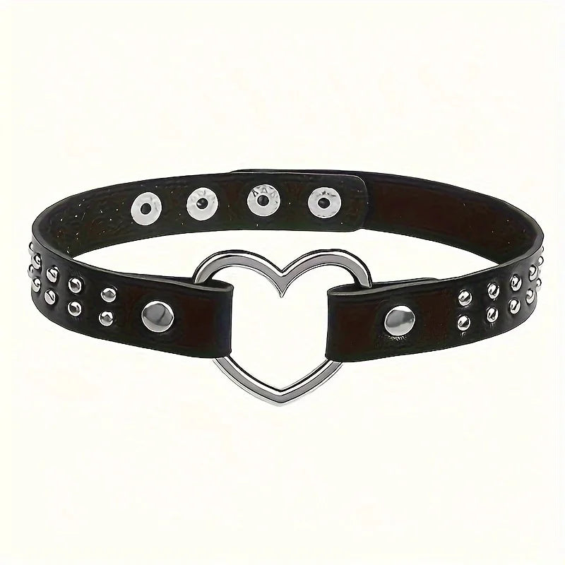 Y2K Punk Gothic Heart Stud PU Leather Choker Necklace for Women - Sexy