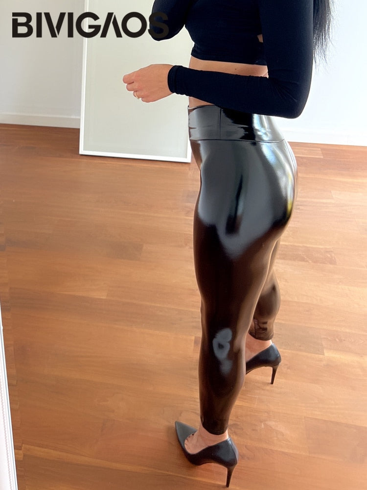 Bivigaos New Women Mirror Leather Leggings Reflective Shiny Stretch