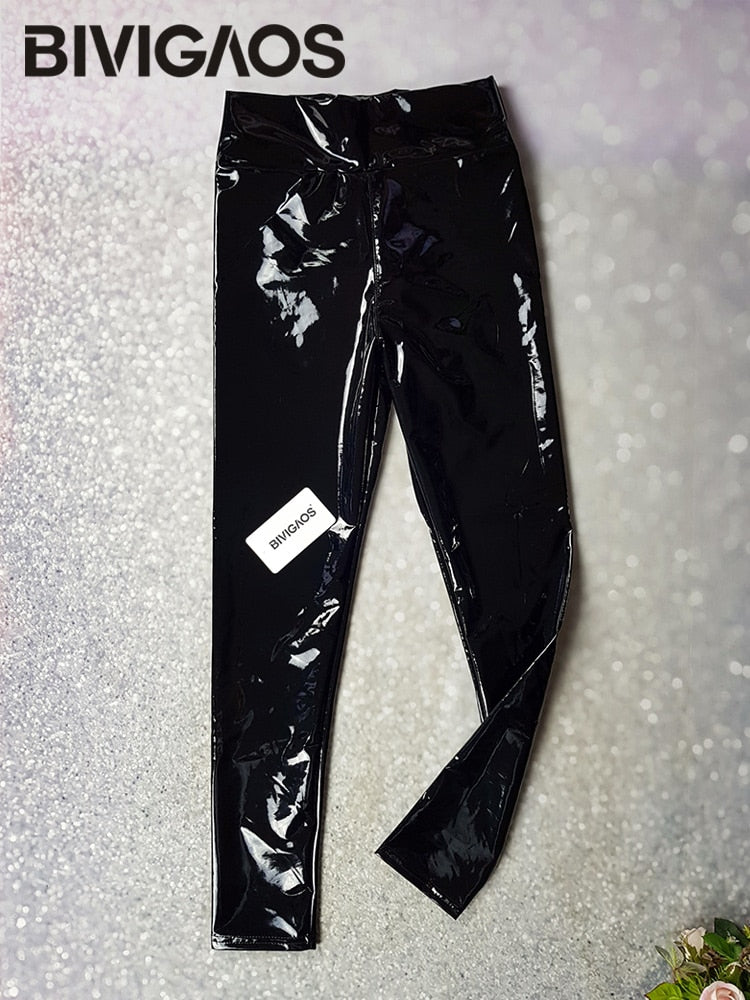 Bivigaos New Women Mirror Leather Leggings Reflective Shiny Stretch