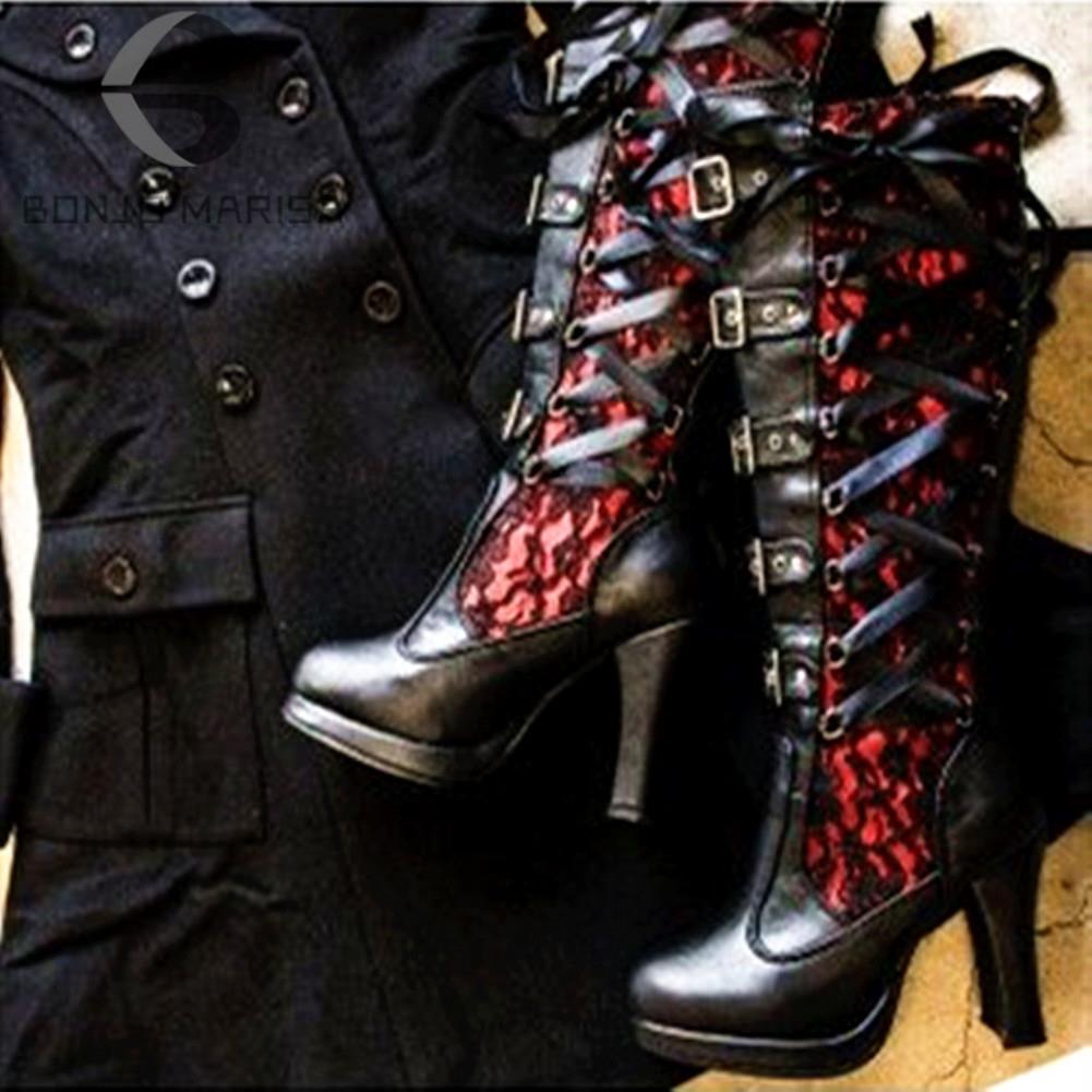 Bonjomarisa Platform Boots For Women Lace Up Chunky High Heel Med Calf