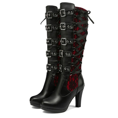 Bonjomarisa Platform Boots For Women Lace Up Chunky High Heel Med Calf