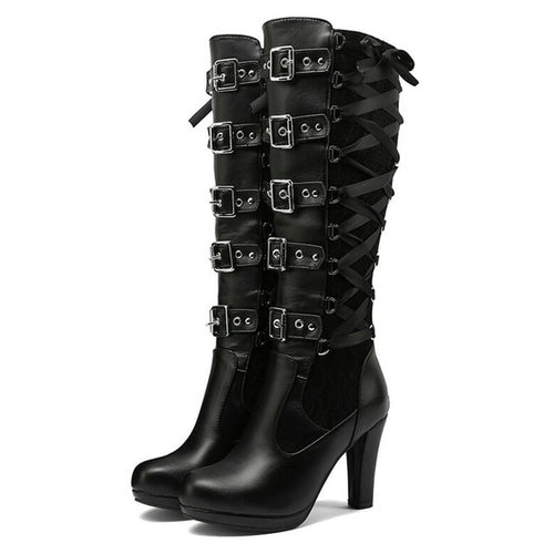 Bonjomarisa Platform Boots For Women Lace Up Chunky High Heel Med Calf