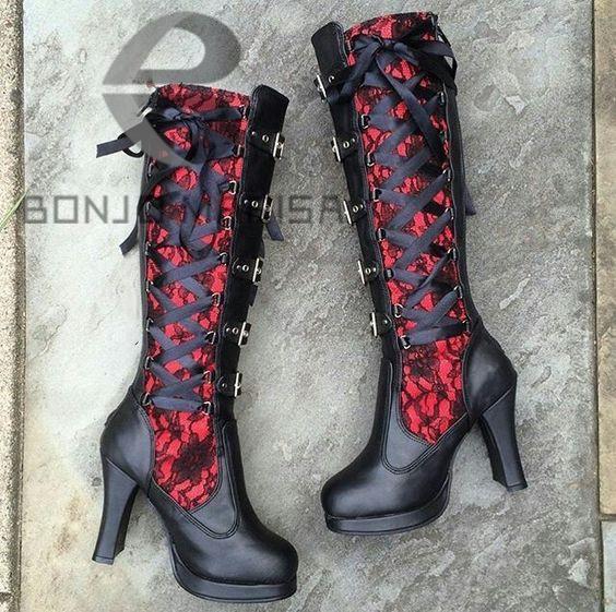 Bonjomarisa Platform Boots For Women Lace Up Chunky High Heel Med Calf