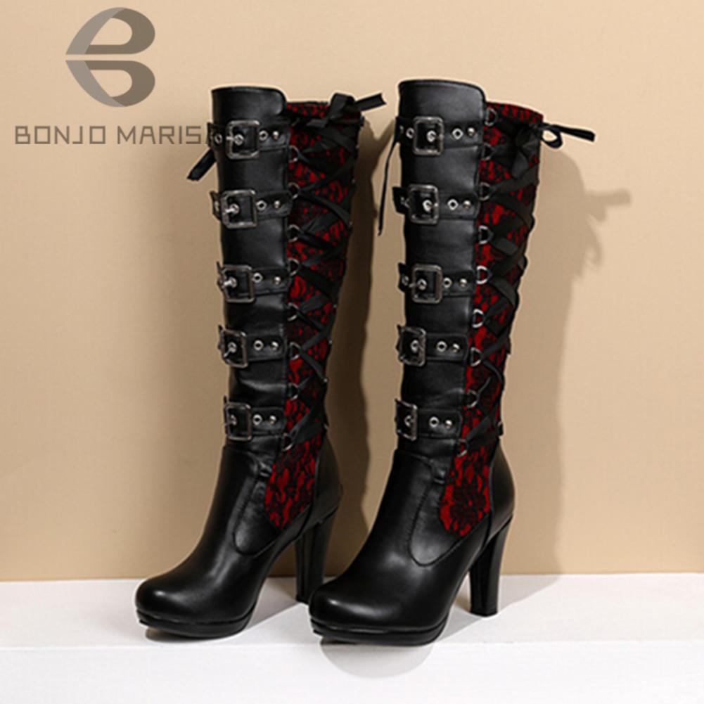Bonjomarisa Platform Boots For Women Lace Up Chunky High Heel Med Calf