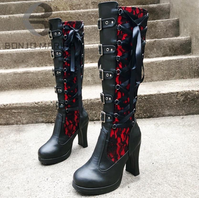 Bonjomarisa Platform Boots For Women Lace Up Chunky High Heel Med Calf