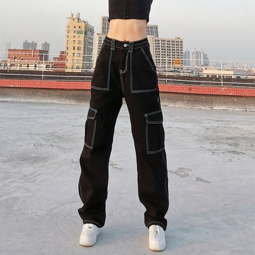 Eyelet Buckle Cyber Punk Goth Baggy Jeans Y2k Woman Techwear Dark