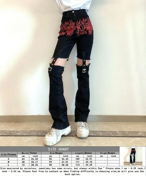 Eyelet Buckle Cyber Punk Goth Baggy Jeans Y2k Woman Techwear Dark