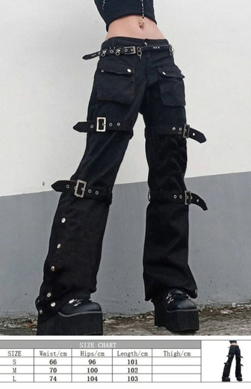 Eyelet Buckle Cyber Punk Goth Baggy Jeans Y2k Woman Techwear Dark