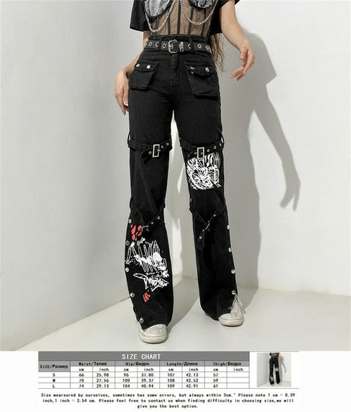 Eyelet Buckle Cyber Punk Goth Baggy Jeans Y2k Woman Techwear Dark