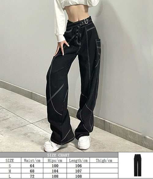 Eyelet Buckle Cyber Punk Goth Baggy Jeans Y2k Woman Techwear Dark