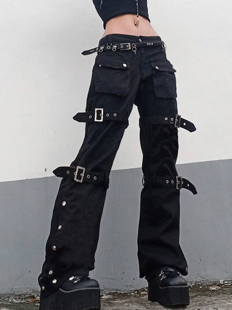 Eyelet Buckle Cyber Punk Goth Baggy Jeans Y2k Woman Techwear Dark