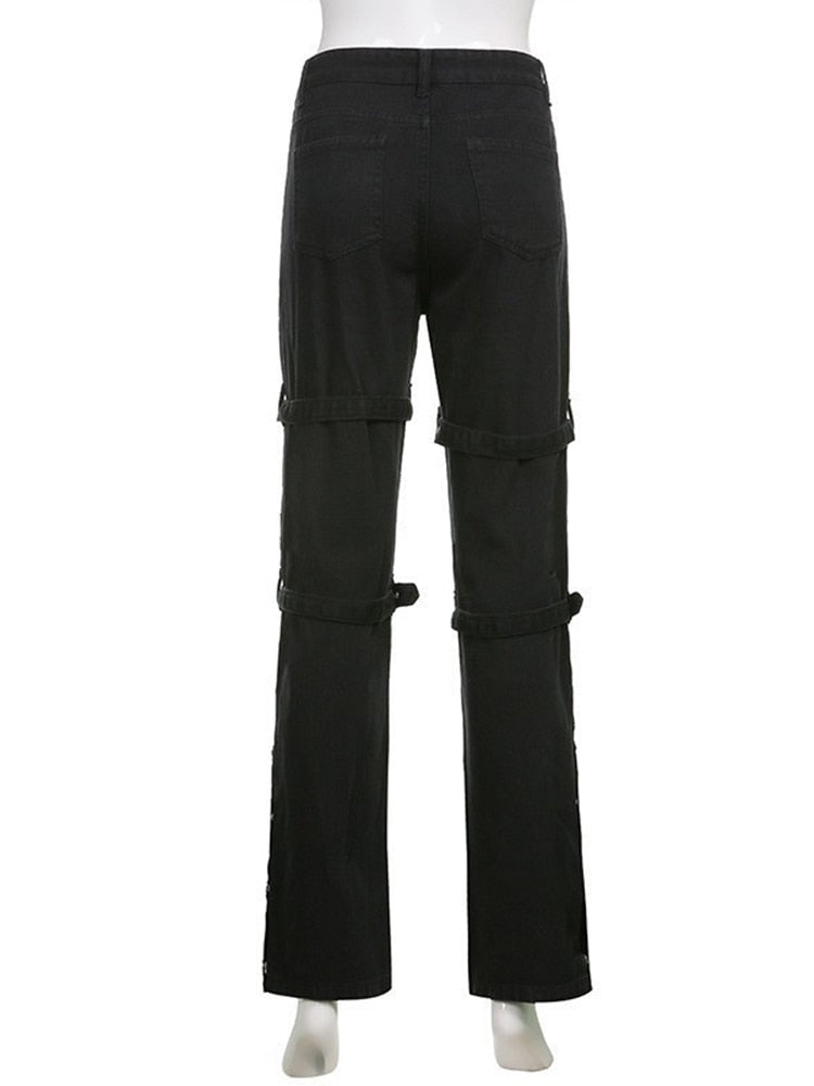 Eyelet Buckle Cyber Punk Goth Baggy Jeans Y2k Woman Techwear Dark