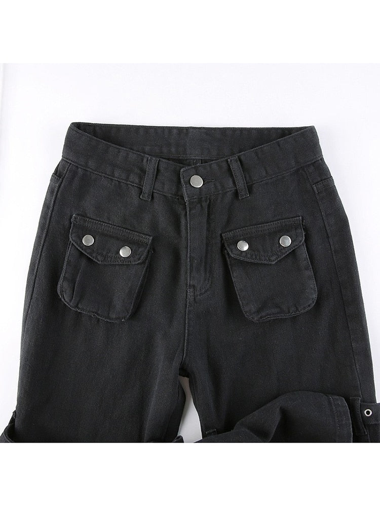 Eyelet Buckle Cyber Punk Goth Baggy Jeans Y2k Woman Techwear Dark