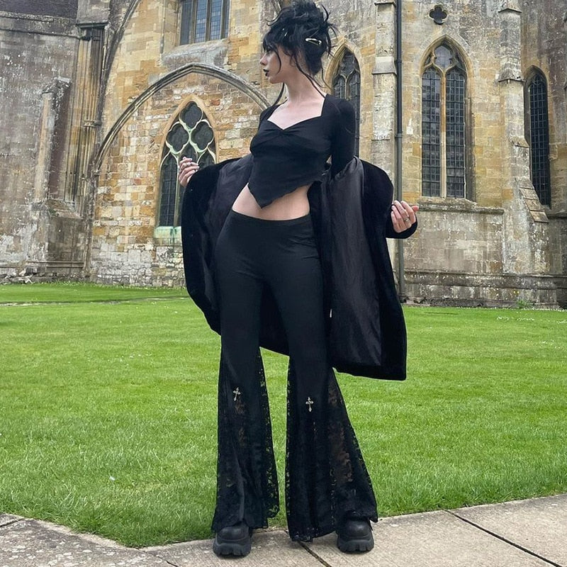 Goth Mall Flare Pants Sexy Black Lace Patchwork High Waist Vintage