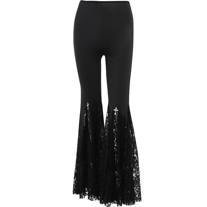 Goth Mall Flare Pants Sexy Black Lace Patchwork High Waist Vintage