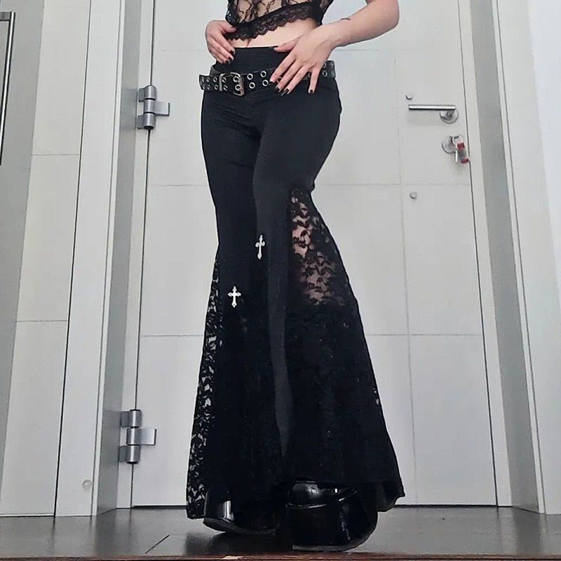 Goth Mall Flare Pants Sexy Black Lace Patchwork High Waist Vintage