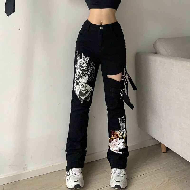 Gothic Emo Alt Cargo Pants Techwear Hip Hop Jeans Lazy Goth Punk Black