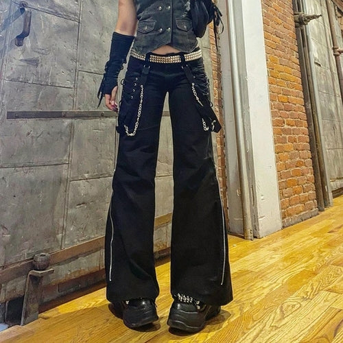 Gothic Emo Alt Cargo Pants Techwear Hip Hop Jeans Lazy Goth Punk Black