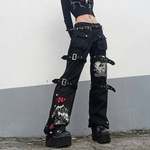 Gothic Emo Alt Cargo Pants Techwear Hip Hop Jeans Lazy Goth Punk Black