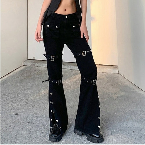 Gothic Emo Alt Cargo Pants Techwear Hip Hop Jeans Lazy Goth Punk Black