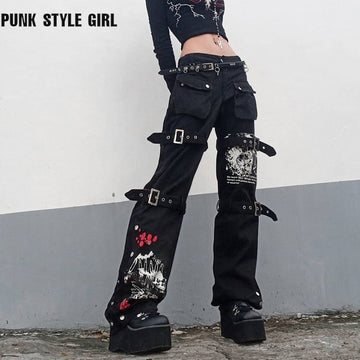 Gothic Emo Alt Cargo Pants Techwear Hip Hop Jeans Lazy Goth Punk Black