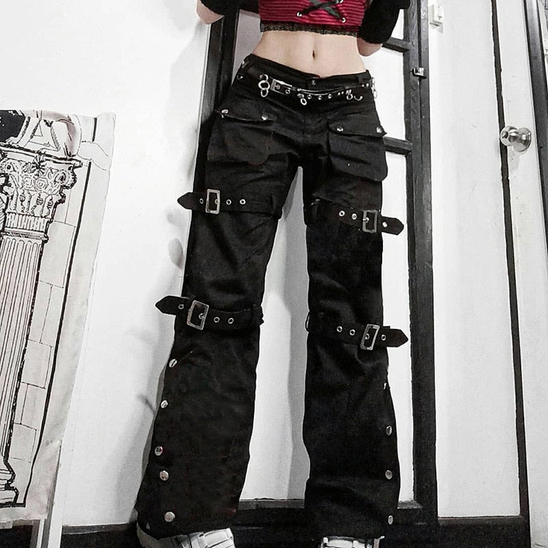Gothic Emo Alt Cargo Pants Techwear Hip Hop Jeans Lazy Goth Punk Black