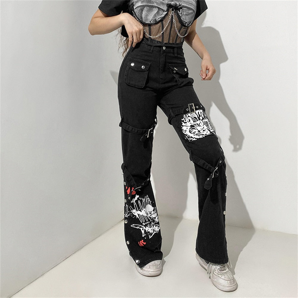 Gothic Emo Alt Cargo Pants Techwear Hip Hop Jeans Lazy Goth Punk Black