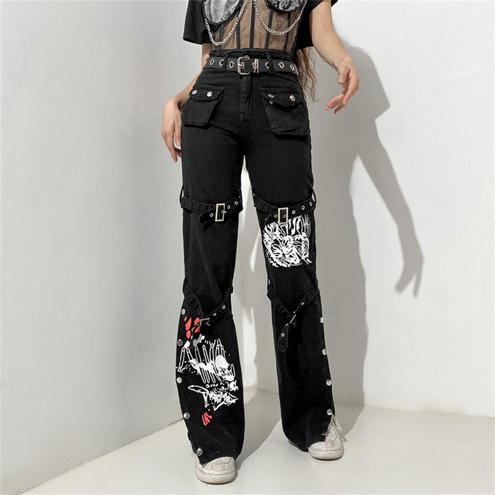 Gothic Emo Alt Cargo Pants Techwear Hip Hop Jeans Lazy Goth Punk Black
