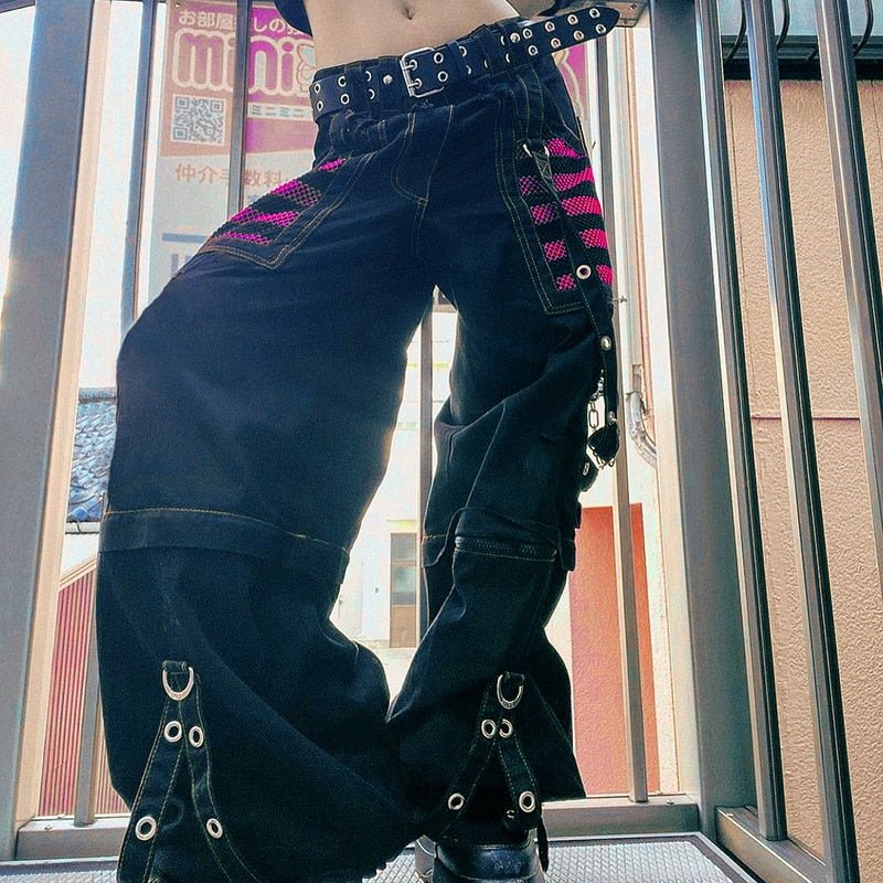 Gothic Women Punk Cargo Jeans Wide Straight Leg Pants Grunge Hippie