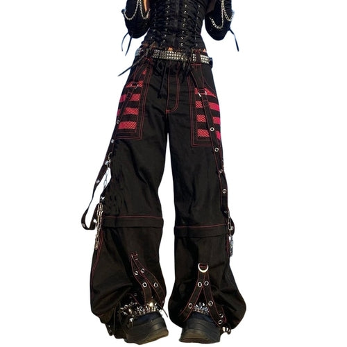 Gothic Women Punk Cargo Jeans Wide Straight Leg Pants Grunge Hippie