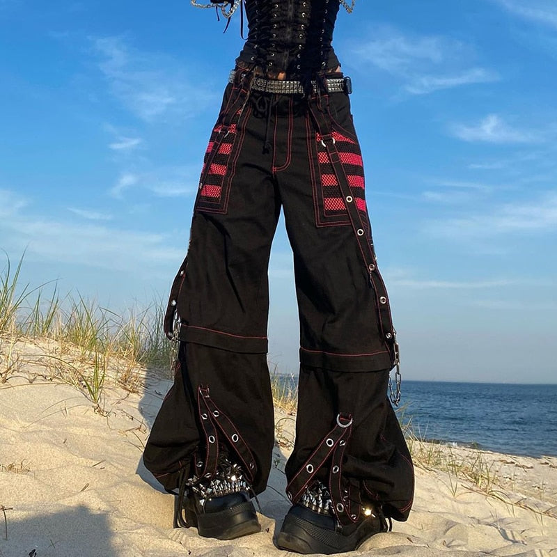 Gothic Women Punk Cargo Jeans Wide Straight Leg Pants Grunge Hippie