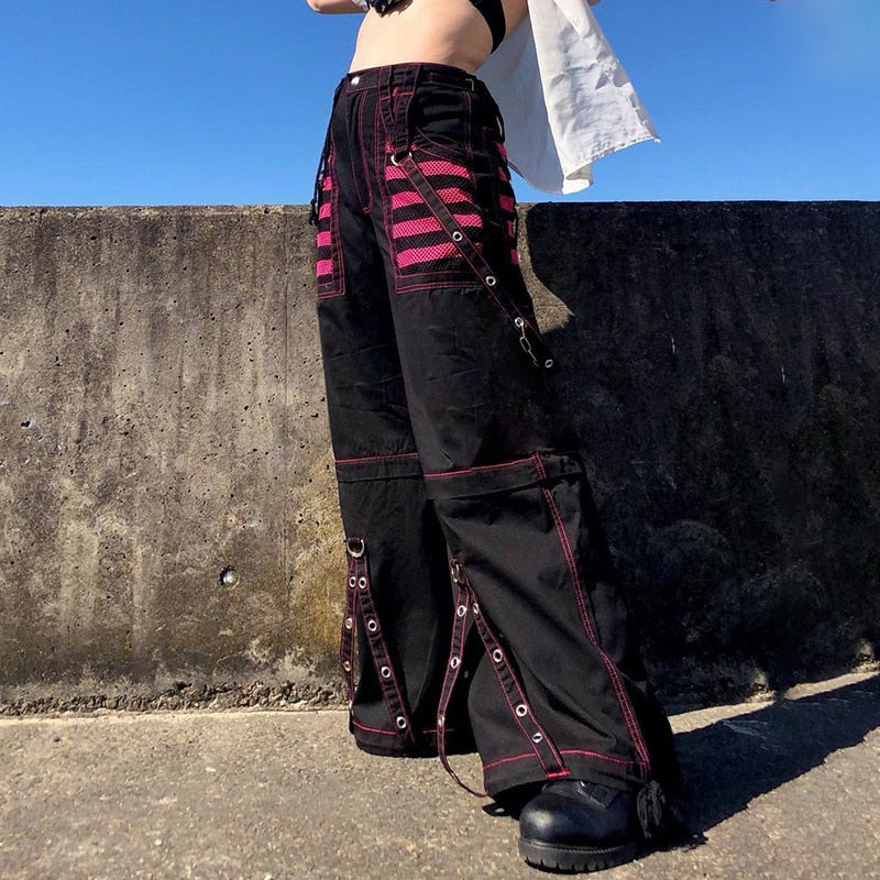Gothic Women Punk Cargo Jeans Wide Straight Leg Pants Grunge Hippie