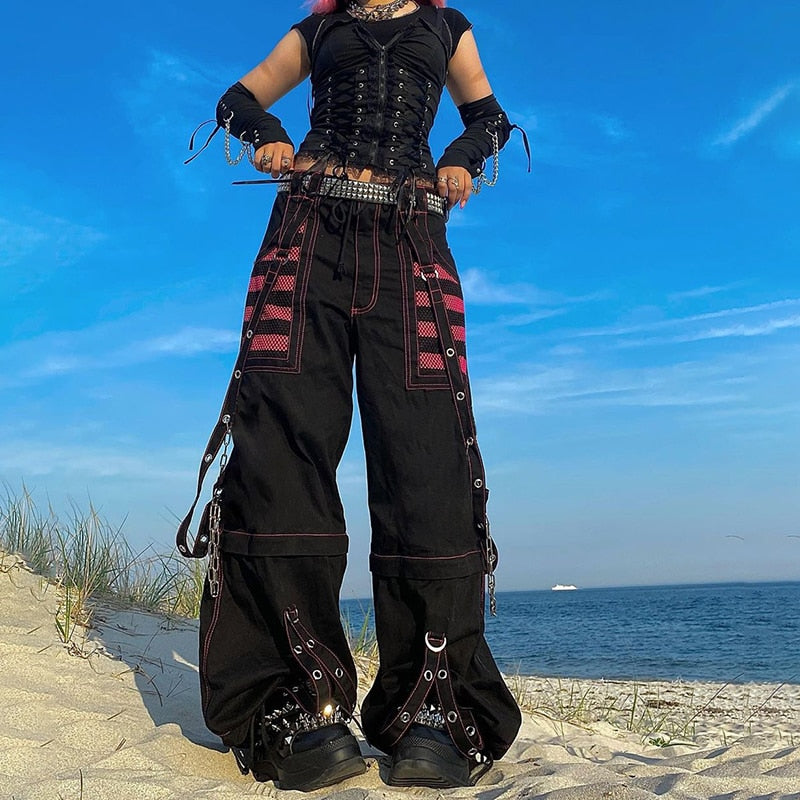 Gothic Women Punk Cargo Jeans Wide Straight Leg Pants Grunge Hippie
