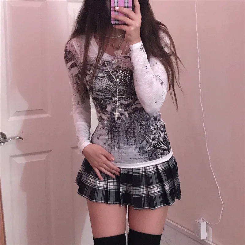 Rhinestone Graphic Print T-shirt Retro Harajuku Fairycore Grunge Slim