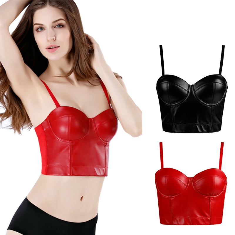 Wechery Women Leather Corset Top Crop Bustier Gothic Bra Push Up