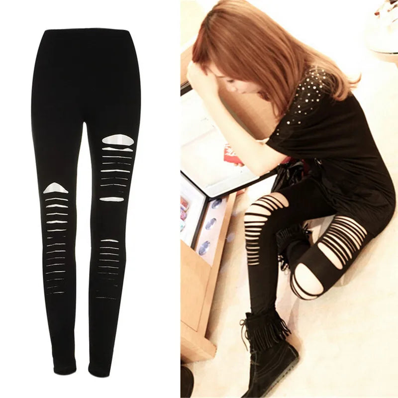 Black Punk Ripped Torn Slashed Cut Striped Leggings Pants Gothic Club
