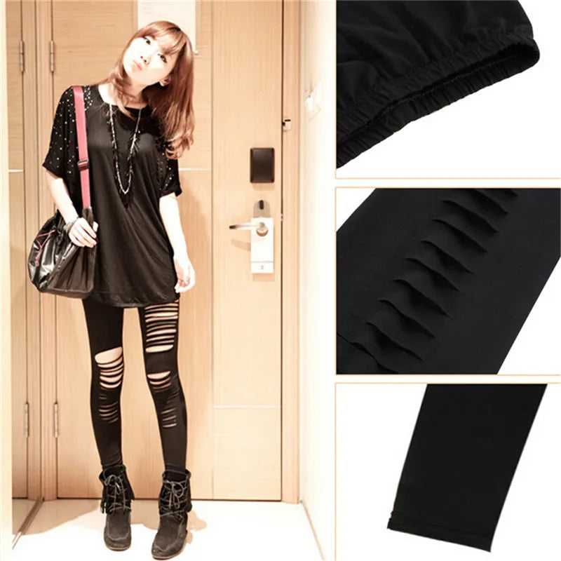 Black Punk Ripped Torn Slashed Cut Striped Leggings Pants Gothic Club