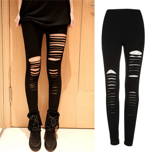 Black Punk Ripped Torn Slashed Cut Striped Leggings Pants Gothic Club
