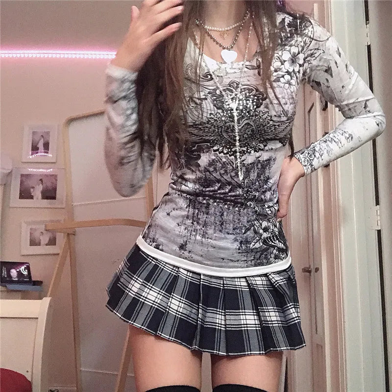 Rhinestone Graphic Print T-shirt Retro Harajuku Fairycore Grunge Slim