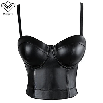 Wechery Women Leather Corset Top Crop Bustier Gothic Bra Push Up