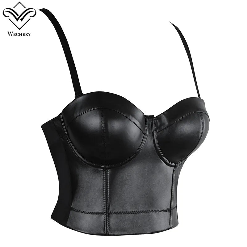 Wechery Women Leather Corset Top Crop Bustier Gothic Bra Push Up