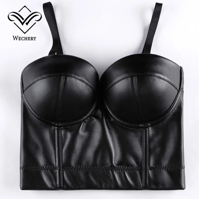 Wechery Women Leather Corset Top Crop Bustier Gothic Bra Push Up