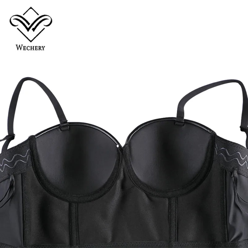 Wechery Women Leather Corset Top Crop Bustier Gothic Bra Push Up